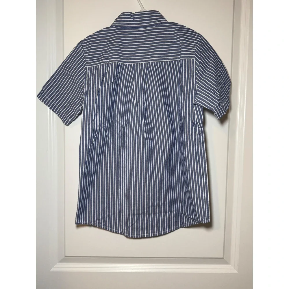 The Childrens Place Boys Blue White Striped Short Sleeve‎ Button Down Shirt 7/8
